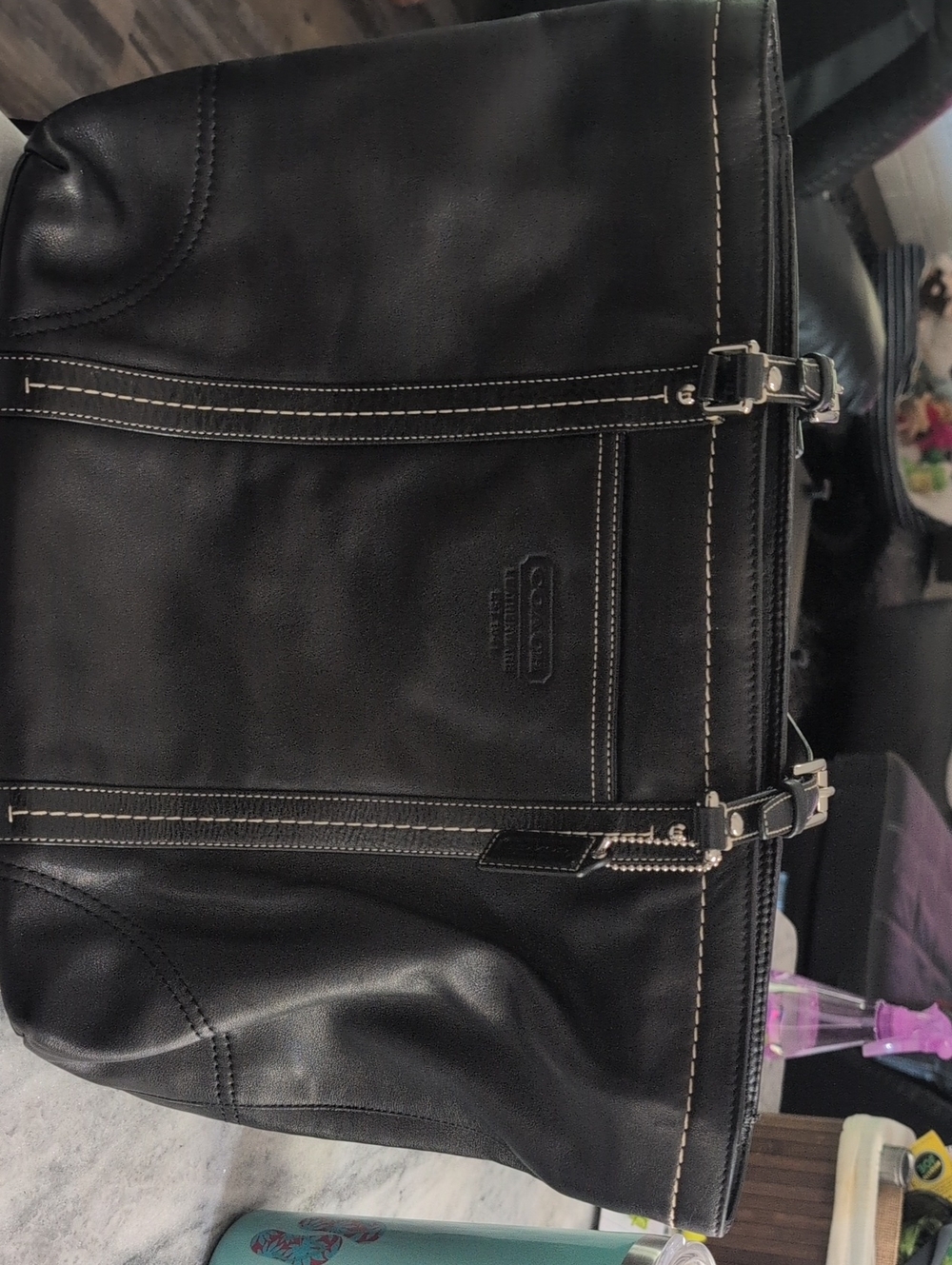 Coach Black Leather Duffel Bag with Contrast Stitching